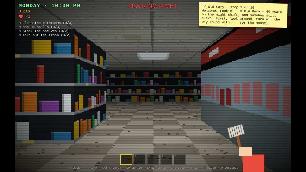 A dark grocery aisle with two glowing green eyes at the far end