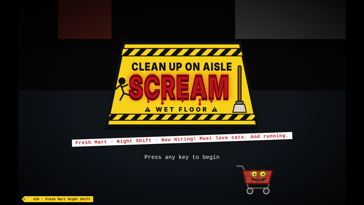 The game's title screen: a yellow wet-floor sign reading Clean Up On Aisle Scream, with a grinning shopping cart